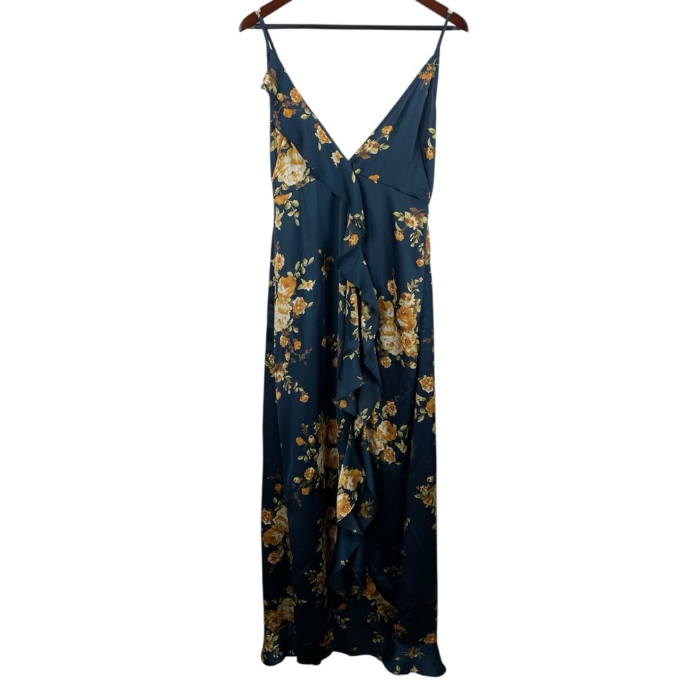 Dress Forum | Blue Satin Floral Ruffle Tank Slip Maxi Dress